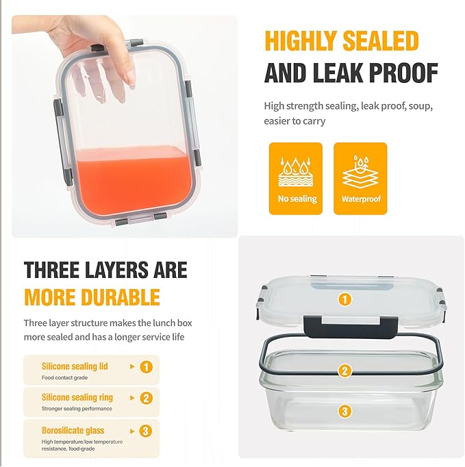 5 PACK 36 oz Glass Meal Prep Containers, Glass Food Containers with Snap-Lock Lids, Airtight Lunch Containers, Microwave, Oven, Refrigerator and Dishwasher Safe,Gray