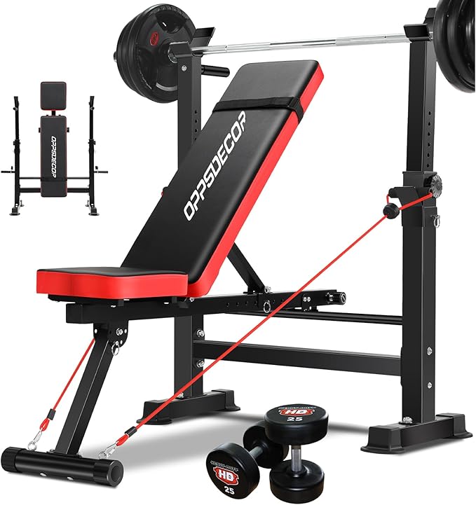 OPPSDECOR 600LBS 6 in 1 Weight Bench Set, Adjustable Bench Press Set and Squat Rack, Foldable Workout Benches for Home Gym, Incline Decline Flat Sit Up Strength Training Bench