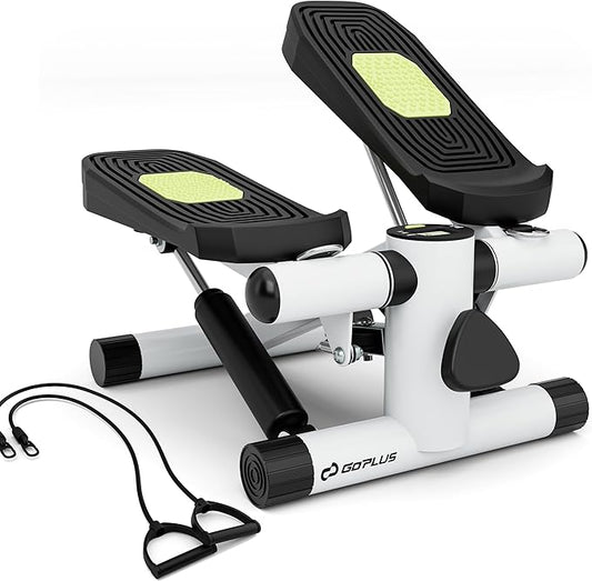 Goplus Steppers for Exercise at Home, Intensity Adjustable Hydraulic Mini Stepper w/Resistance Bands & LCD Monitor, Quiet & Portable Small Cardio Exercise Machine for Home Office or Under Desk