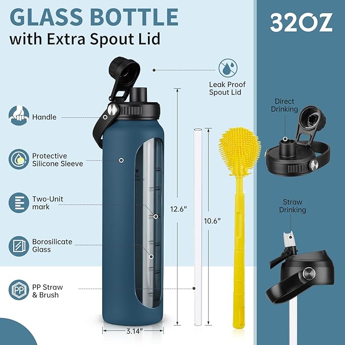 32 oz Glass Water Bottles with 2 Lids-Handle Spout Lid & Straw Lid 1 Liter Motivational Borosilicate Water Bottle with Silicone Sleeve and Time Marker,Leakproof