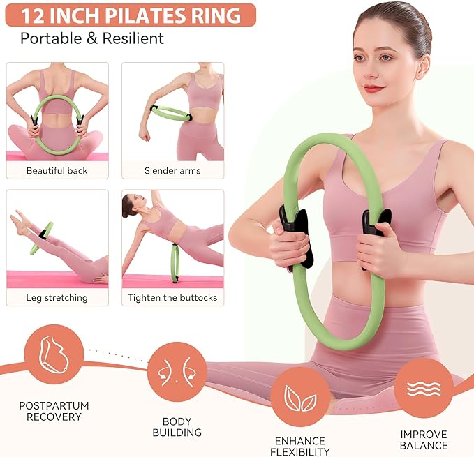 HASHMUST Pilates Ring Kit 12 PCS for Women, Home Workout Equipment with Magic Circle, Mini Exercise Ball, Resistance Bands, Massage Lacrosse, Yoga Strap, Full-Body Fitness Set for Toning & Gift