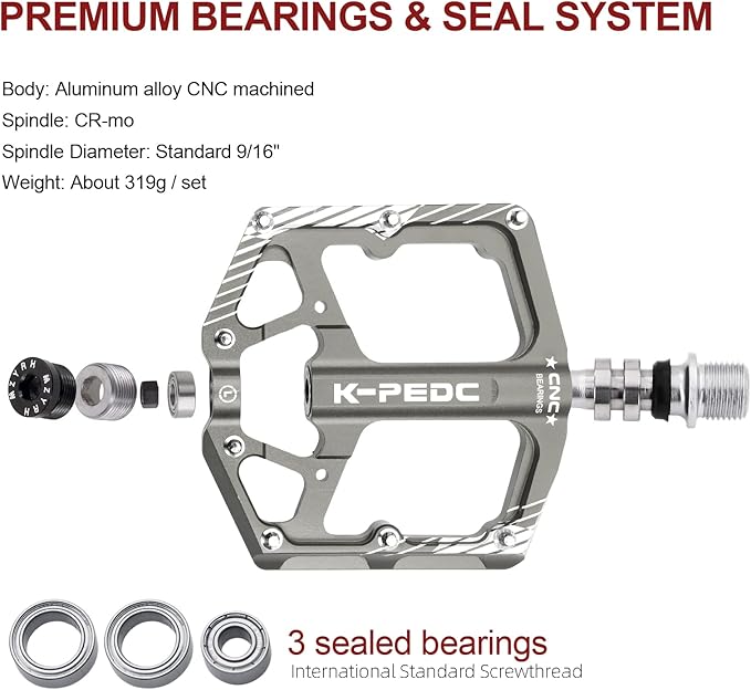 Bike Pedal Aluminum Alloy 9/16" Bike Pedal MTB Wide Platform Flat Non-Slip Bicycle Pedals with 3 Bearings for Mountain Bikes, Road, BMX