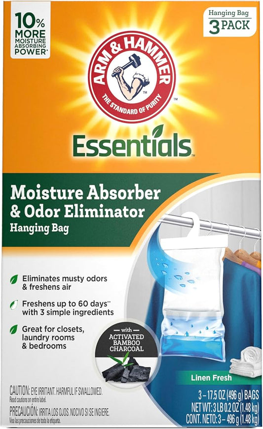 Arm & Hammer Essentials Hanging Moisture Absorber and Odor Eliminator, 17.5 oz., 3 Pack, Linen Fresh, Moisture Absorbers for Closets, Laundry Rooms and Bedrooms, Long-Lasting Freshness