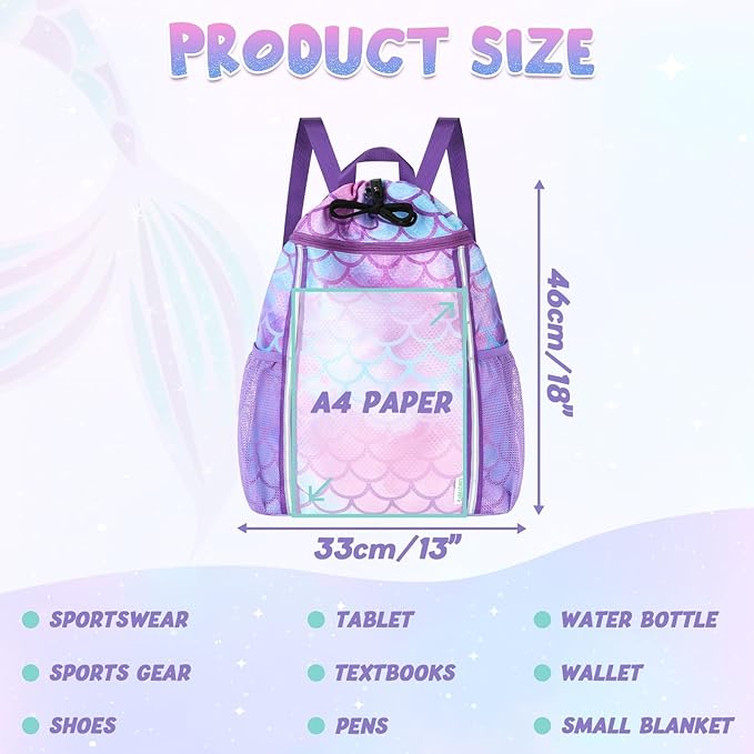 WAWSAM Kids Gym Drawstring Backpack String Bag, Mermaid Sports Gym Bag for Kids Girls Waterproof Swimming Beach String Cinch Backpack with Two Water Bottle Pocket