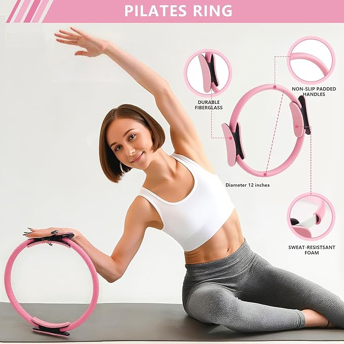 Pilates Kit at Home 10PCS Pilates Equipment with 11.81Inch Pilates Ring 9.8Inch Ball 5PCS Stretching Strap Risistance Bands Block Gym Bag