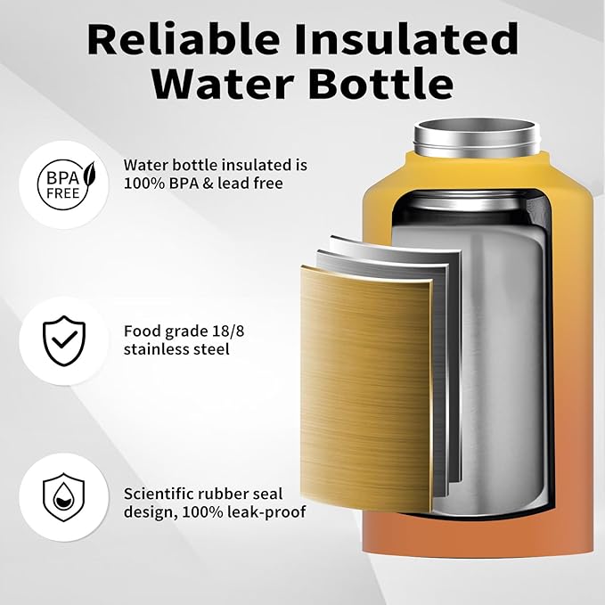 2/3 Gallon Water Bottle Insulated(Cold for 48 Hrs),BPA Free&Leak Proof,87oz Stainless Steel Water Jug/Flask,Big thermo,Large Water Bottle with Handle for Gym,Hiking,Camping,Yellow