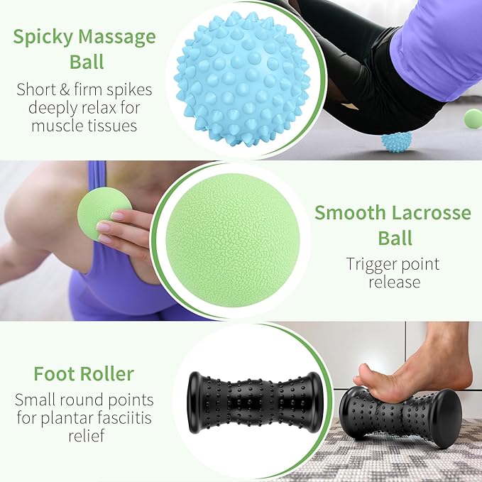 Foot Massager Roller & Massage Lacrosse Ball & Spiky Ball, 3-in-1 Therapy Set for Plantar Fasciitis Relief —Heel Spur, Arch Pain—Back/Neck/Shoulder Trigger Point & Deep Tissue Massage