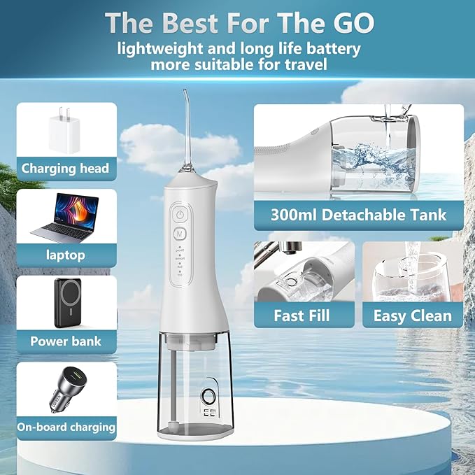 Portable Cordless Water Dental Flosser Teeth Pick 300ML Rechargeable Oral Irrigator with 4 Modes, IPX7 Waterproof,Powerful Flossing for Gum Care, Braces, and Deep Cleaning (White)