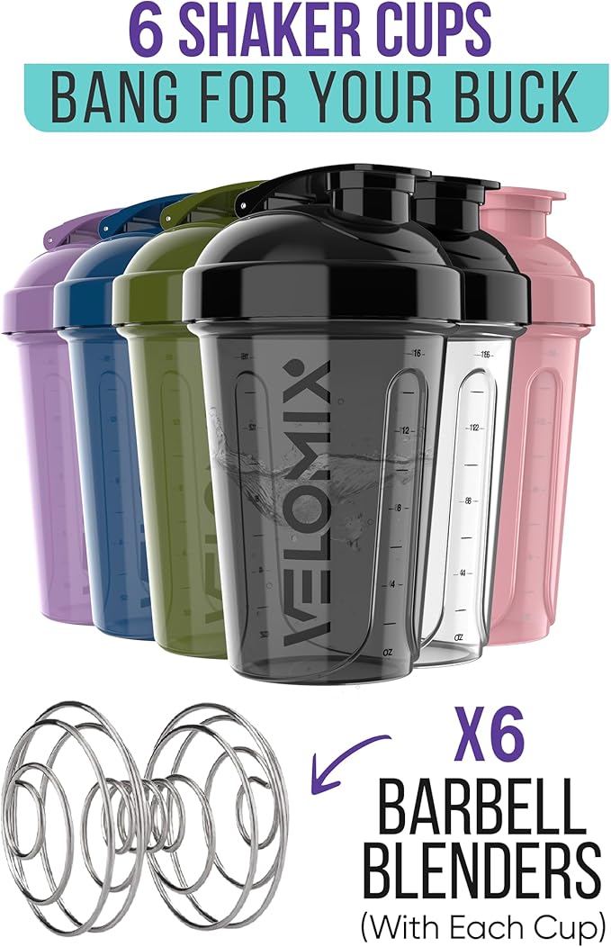 -6 PACK- Shaker Cups for Protein Shakes 20 oz - 6x Wire Whisk | Leak Proof Protein Shaker Bottle for Protein Shakes, Shaker Bottle Pack for Pre & Post Workout, Shaker Cup (Muted Contrast)