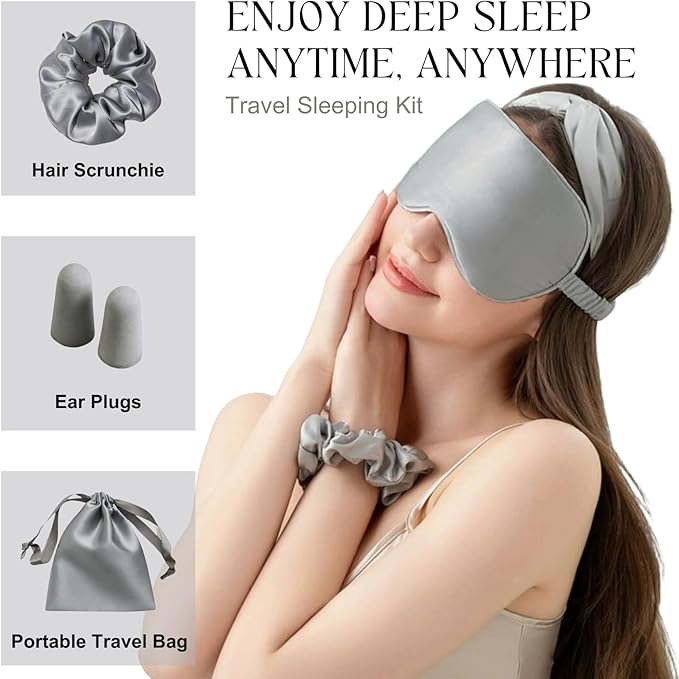 Silk Satin Sleeping Eye Mask, Silvergrey Sleep Eye Mask Night Blindfold for Women and Men, Soft Breathable Blackout Eyeshade Eye Cover for Travel, Wedding Bridesmaid Gift