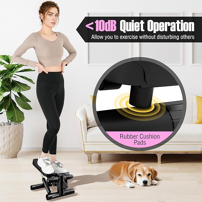 Goplus Steppers for Exercise at Home, Intensity Adjustable Hydraulic Mini Stepper w/Resistance Bands & LCD Monitor, Quiet & Portable Small Cardio Exercise Machine for Home Office or Under Desk