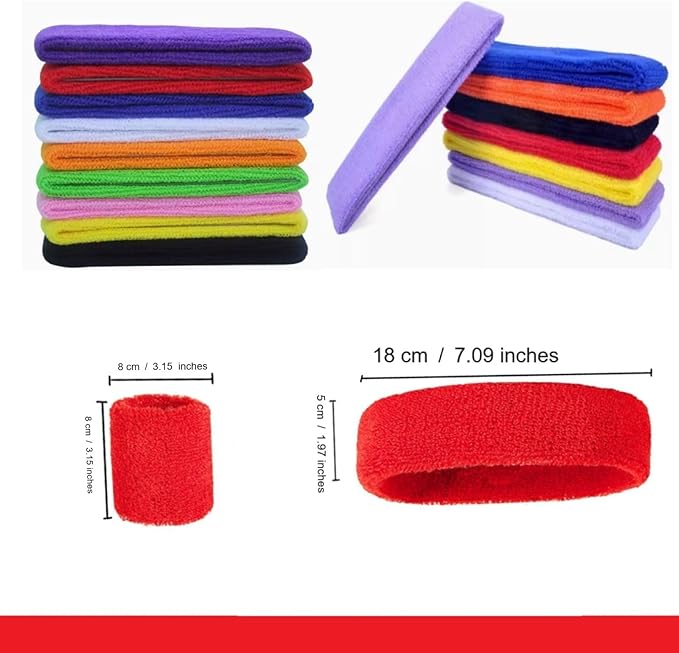 24 Pcs Neon Sweatbands Set Include 8 Pcs Sports Headband and 16 Pcs Cotton Wristbands 80s Neon Sweat Bands Bulk for Gym, Tennis, Basketball, Running, Exercise
