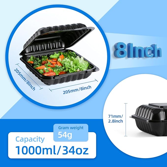 YANGRUI Takeout Containers 8 Inch 34 oz 55 Pack - Mineral Filled BPA Free Polypropylene Plastic | Shrink Wrapped Freezer & Microwave Safe | Black Reusable Hinged Clamshell Food Container