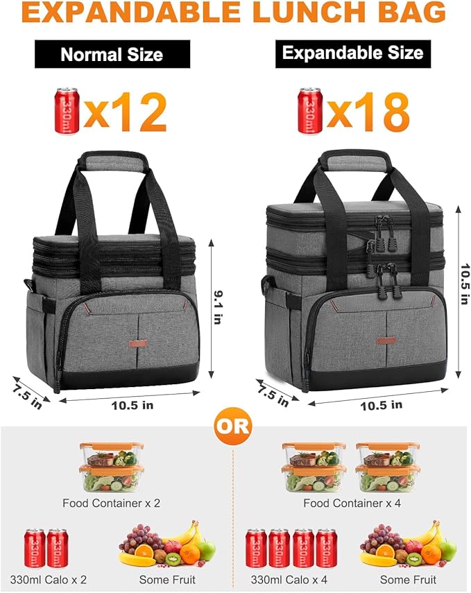 Lunch Box For Men Women Double Deck Insulated Lunch Bag For Men Woman Leakproof Expandable Cooler Bag with Adjustable Shoulder Strap for Work Picnic School(Gray,Medium)