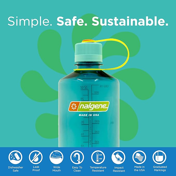 Nalgene Sustain Tritan BPA-Free Water Bottle Made with Material Derived from 50% Plastic Waste (using ISCC certified mass balance), 32 OZ, Narrow Mouth, Cerulean (Pack of 6)