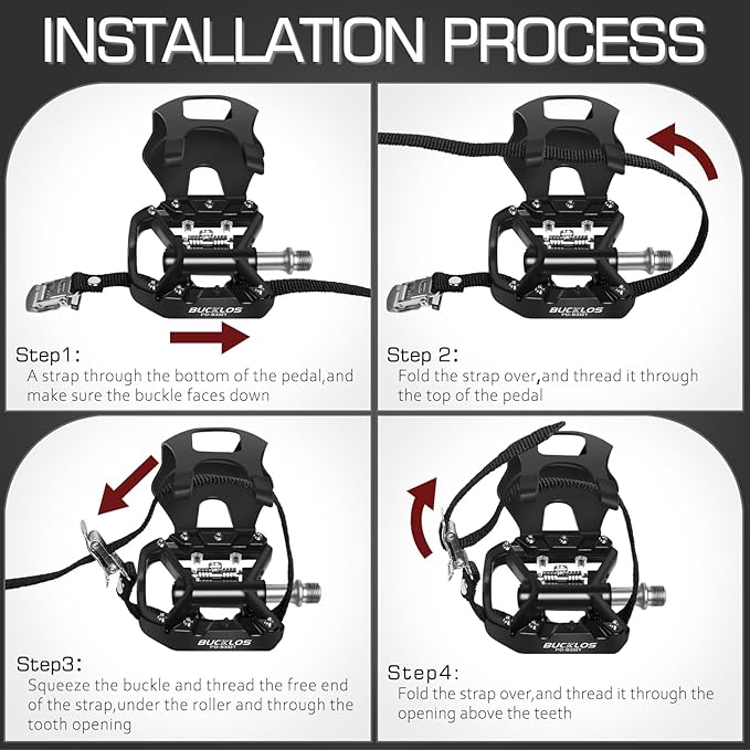 Bucklos Bike Pedals with Toe Cages and Straps - Bicycle Toe Clips Cage Compatible with Road Bike/Peloton/Mountian Bikes/MTB - Toe Clip Pedal for Wide Shoes Indoor Outdoor Cycling