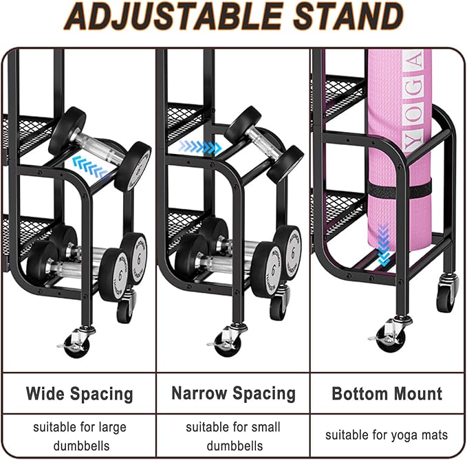 Dumbbell Rack, Adjustable Weight Rack with Hooks and Rolling Wheels, Workout Equipment Storage, Home Gym Storage for Dumbbell Yoga Mat Foam Roller Kettlebells Resistance Bands