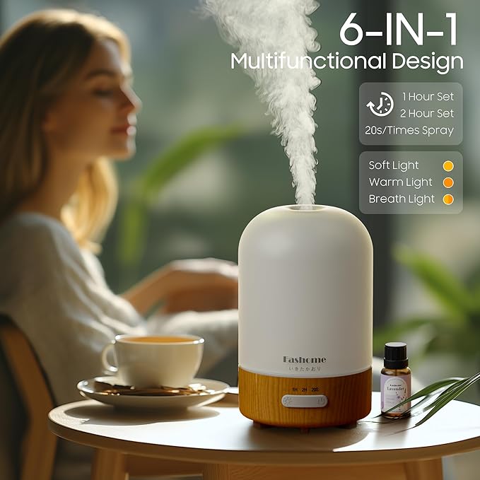 Essential Oil Diffuser, 100ml Ultrasonic Aromatherapy Humidifier, 6 in 1 Quiet Diffuser with Auto Shut-Off Function, Small Essential Oil Vaporizer(White)