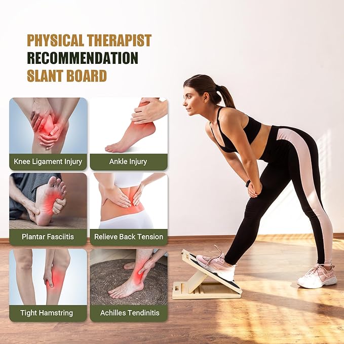 2-in-1 Wooden Slant Board & Balance Board, Portable 6 Angle Adjustable Calf Stretch Board with Training Poster, 300lb Weight Capacity Calf Ankle Stretcher for Physical Therapy, Squat & Core Strength