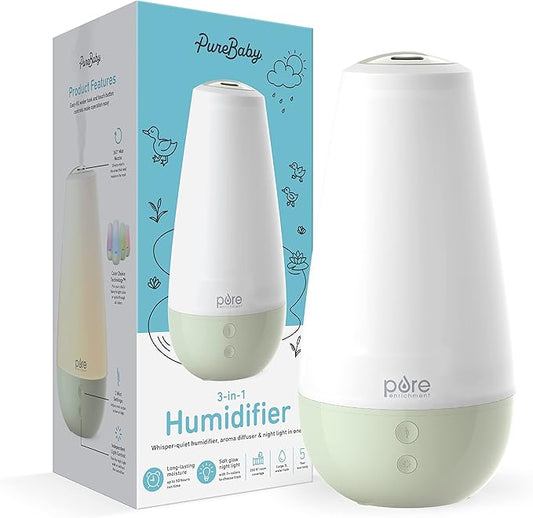 Pure Enrichment® PureBaby® 3-in-1 Whisper-Quiet Humidifier, Color Changing Night Light, & Essential Oil Diffuser for Baby Nursery & Kids Bedroom to Relieve Congestion, Colds, & Coughs (Whisper Green)