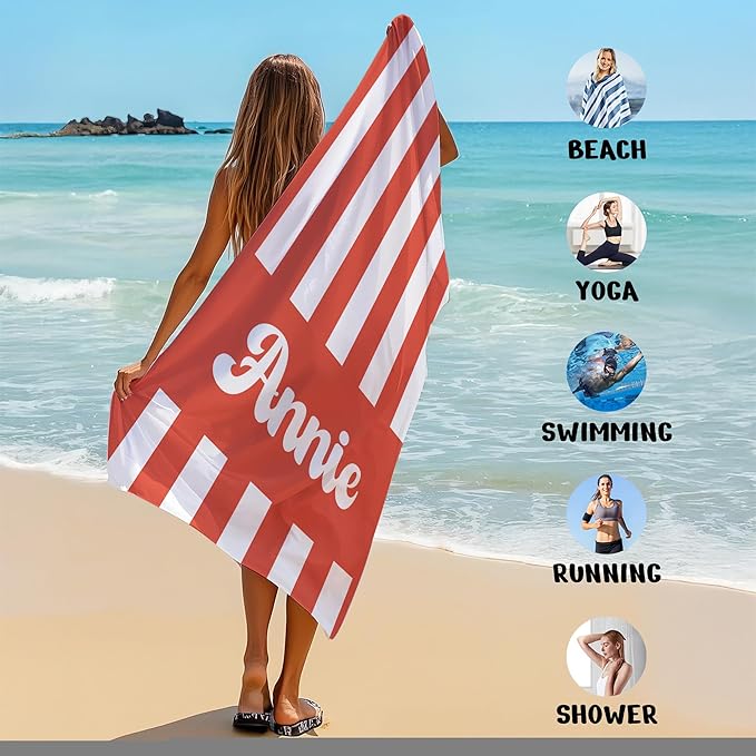 JML Personalized Beach Towel with Name, Custom Cabana Stripe Beach Towel, Customized Microfiber Pool Towel, Quick Dry & Absorbent Swim Towel for Adult,Mother's Day, Birthday, Summer Holiday,Vacation
