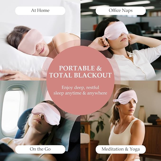 100% Mulberry Silk Sleep Mask for Unisex, 22 Momme 3D Silk Contoured Eye Mask, Breathable Light Blocking Blindfold with Adjustable Strap, Blackout Eye Cover for Travel, Pink