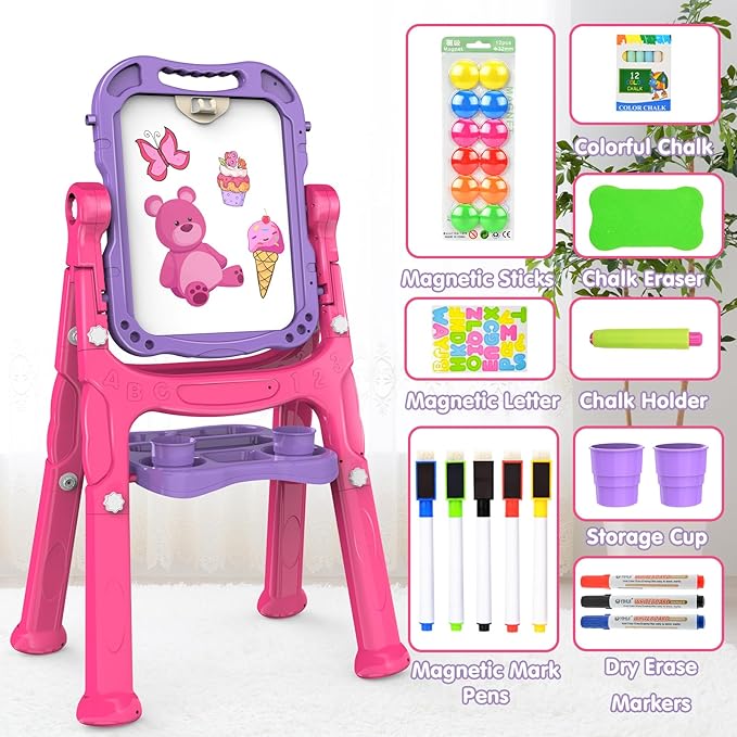 Amagoing Easel for Kids, Adjustable Standing Art Easel for Toddler, Double Side Drawing Board with Painting Accessories, Birthday Christmas Gift Toy for Boys Girls 3 4 5 6 Years Old, Purple