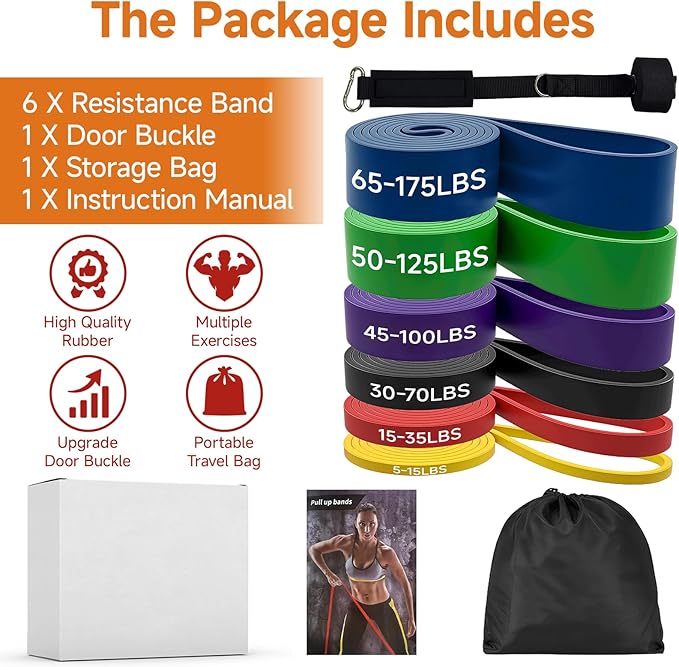 Resistance Bands Set with Door Anchor, Multi-Levels Pull Up Assistance Bands, Exercise Bands for Working Out, Stretching, Muscle Training, Physical Therapy (Men/Women)