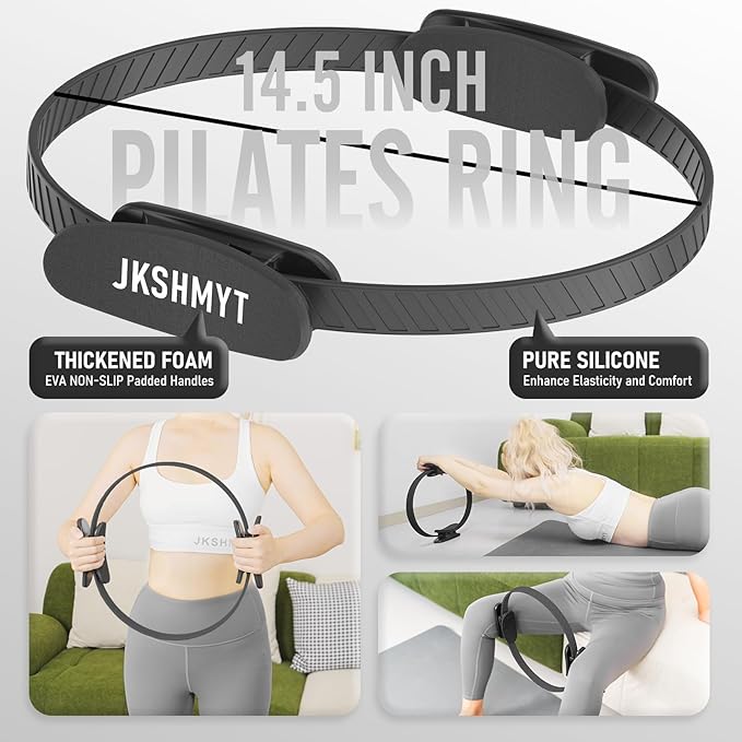 JKSHMYT Silicone Pilates Ring-14.5" Home Pilates kit with Padded Handles, Mini Ball, Resistance Bands, Guide & Bag, Better me Pilates Essentials Circle Set for Workouts Women