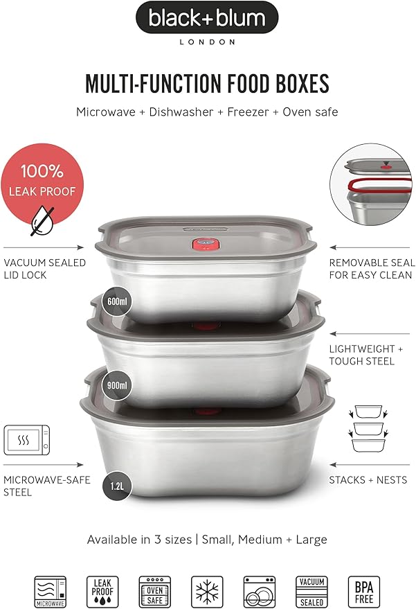 BLACK + BLUM Lunch Bowl Mixed Set - Reusable Meal Prep Containers for Picnic & Camping - Microwavable Stainless Steel Lunch Dinner Food Storage Box - Leak Proof Lid - Dishwasher Oven Safe - 20/30/40oz