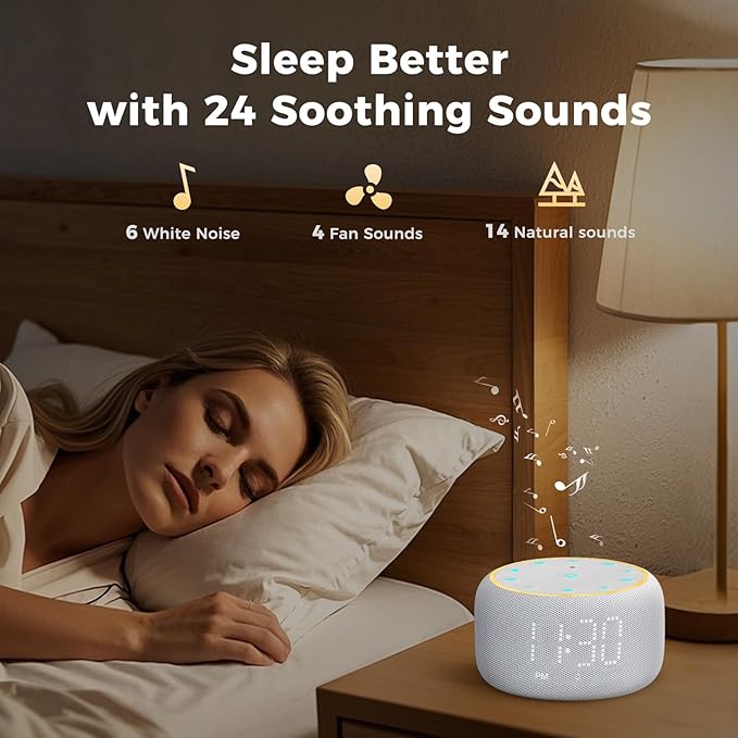 White Noise Machine Alarm Clock: Auto-Dimmable Clock for Bedrooms - 5W Stereo Bluetooth Speaker - Sound Machine with 24 Sleep Sounds for Adults Kids