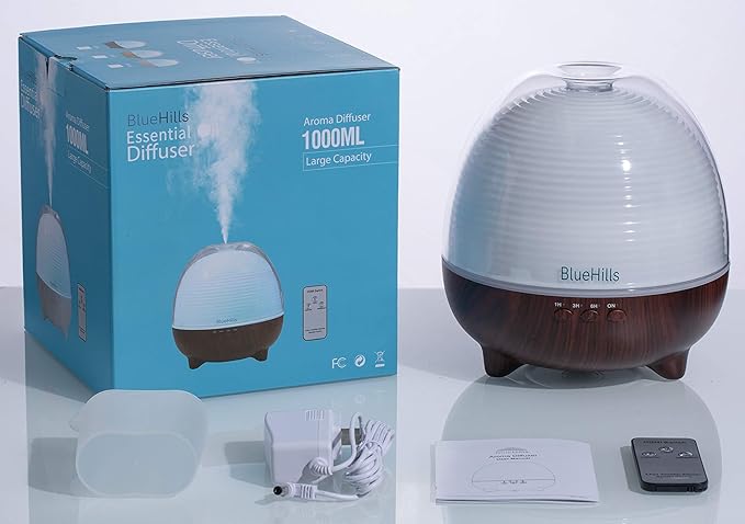 BlueHills Premium 1000 ML Large XL Essential Oil Diffuser with Remote Aroma Humidifier for Large Room Home Long Run Time Huge Coverage Area Lights High Mist Output Big Capacity Dark Wood Grain N6