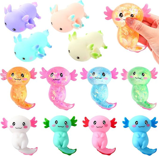 Meooeck 12 Pack Axolotl Stress Relief Toys Glitter Axolotl Starfish Stress Balls Fun Relaxing Squeeze Fidget Toys Relieve Anxiety Squeeze for Birthday Party Goodie Bag Stuffers(Classic)