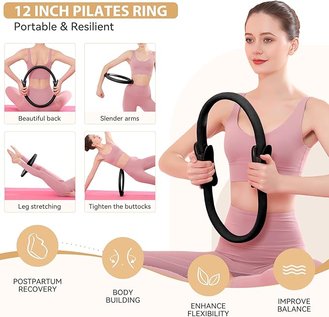 HASHMUST Pilates Ring Kit 12 PCS for Women, Home Workout Equipment with Magic Circle, Mini Exercise Ball, Resistance Bands, Massage Lacrosse, Yoga Strap, Full-Body Fitness Set for Toning & Gift