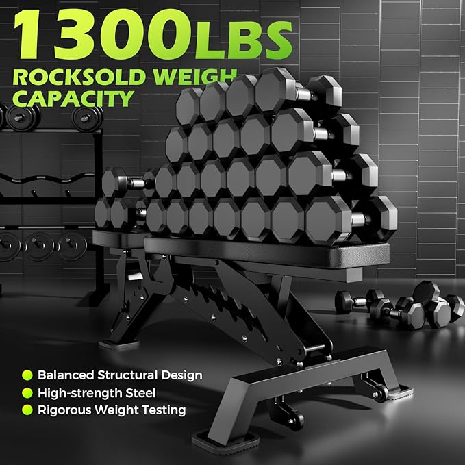 BODYRHYTHM Commercial-grade Weighted Bench, 1300LBS Weight Capacity Strength Training Bench, Heavy-duty Adjustable Workout Bench for Garage and Home Gym Workouts, Weight Lifting, and Bench Press.