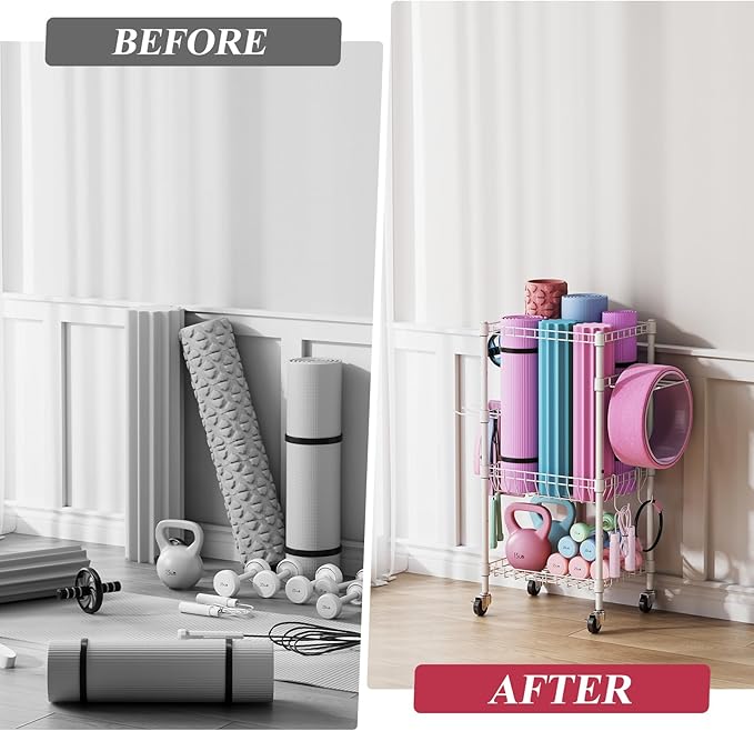 VOPEAK Home Gym Storage Rack with Wheels, Yoga Mat Storage Organizer for Kettlebells, Dumbbells, Resistance Bands, Space Saving Weight Rack for Home Gym, Garage, Easy to Install