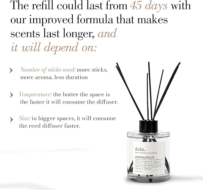 Duša Lemongrass Reed Diffuser & Sticks - 5 Fl Oz Essential Home Fragrance for Bathroom, Office & Living Spaces – Stylish & Long-Lasting Room Air Freshener - Ideal for Housewarming & Special Occasions