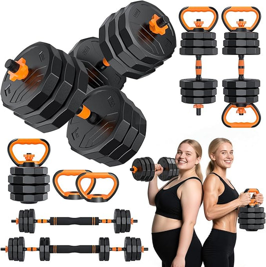 5-in-1 Adjustable Dumbbell Set, 33/44/66/88lbs Free Weights Set with Connector, Used as Kettlebells, Barbell, Push up Stand, Standard 1" Plates, Fitness Exercises for Home Gym Suitable Women/Men