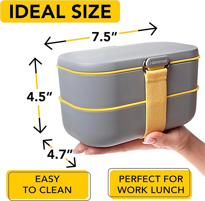 Premium Bento Lunch Box for Adults with Reusable Chopsticks, Modern Cute Food Container with Compartments, Leak Proof, Microwavable & Freezer Safe, Gray, 7.5x4.7x4.5 in (190x119x114 mm)