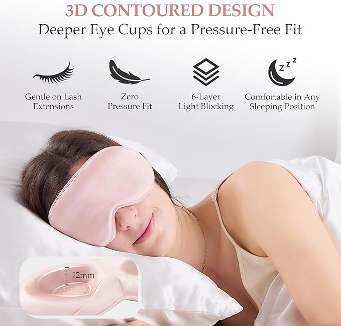 100% 22 Momme Mulberry Silk Sleep Mask with Adjustable Strap, 3D Contoured Cup Silk Eye Mask for Sleeping, Total Black Out, Pink