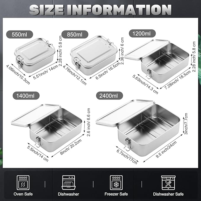 Umigy 5 Pcs Stainless Steel Food Containers Metal Bento Lunch Box Stainless Steel Food Storage Containers, Lockable Clips to Leak Proof, Reusable Dishwasher Snack Boxes for Work, Picnic (5 Sizes)