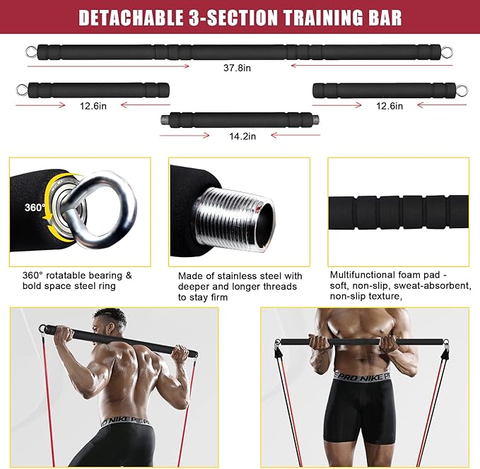 Home Gym Exercise Equipment - Portable Workout System 17 Fitness Accessories 9 in1 Push Up Board Set, Resistance Bands with Pilates Bar Strength Training Abs Shoulders