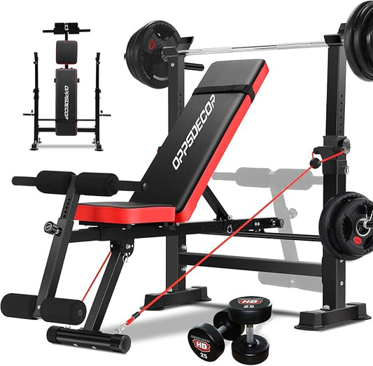 OPPSDECOR 600LBS 6 in 1 Weight Bench Set, Adjustable Bench Press Set and Squat Rack, Foldable Workout Benches for Home Gym, Incline Decline Flat Sit Up Strength Training Bench
