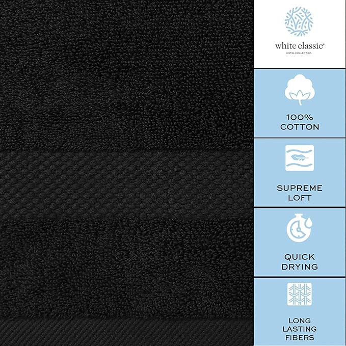 White Classic Luxury Hand Towels | Cotton Hotel spa Bathroom Towel | 16x30 | 6 Pack | Black