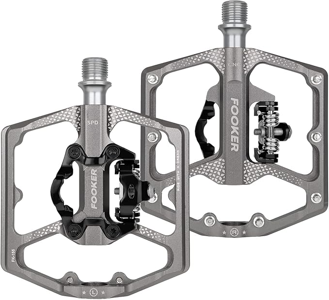 FOOKER MTB Mountain Bike Pedals, Dual Function Flat and Pedal,3 Sealed Bearing Flat Platform Compatible with Clipless Pedal Aluminum 9/16" Pedals with Cleats for Road Mountain BMX MTB