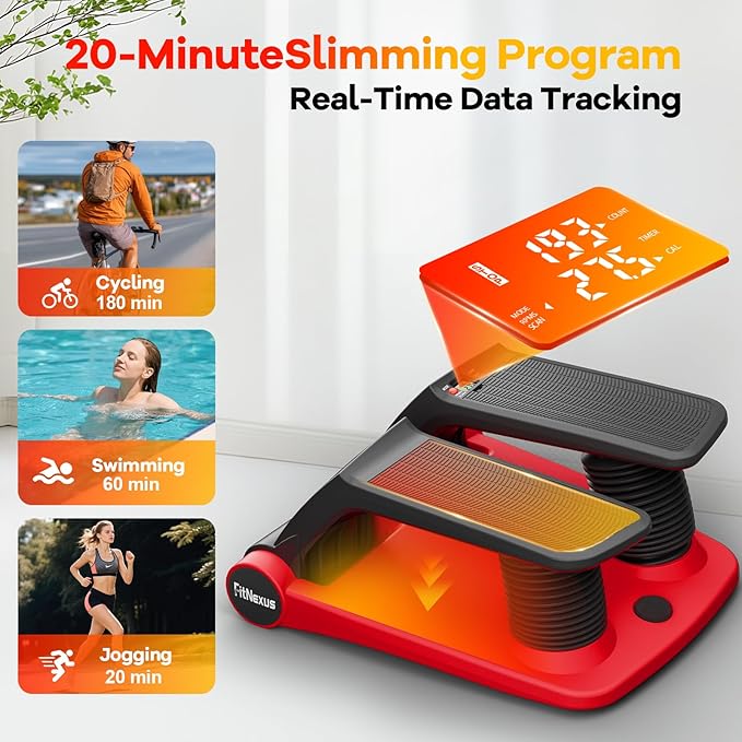 Air Compression Resistance Stepper – Adjustable Mini Stair Climber for Home Cardio Workout, Portable Stepper Machine with LCD Display, Non-Slip Pedals & Resistance Bands (Red and Black)