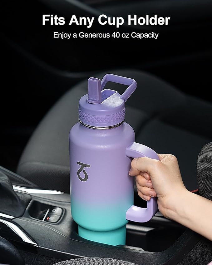 Trebo 40 oz Water Bottle Insulated Fit Car Cup Holder with Handle, Stainless Steel Water Bottles Tumbler with Spout Straw Lids, Double Wall Travel Reusable Flask, Leakproof Mug,Keep Cold &Hot,Purple