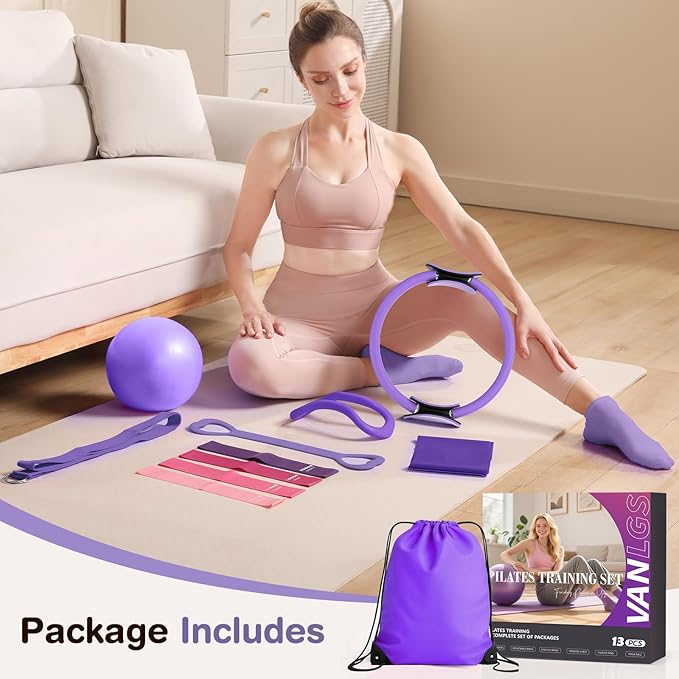 Pilates Equipment at Home Essentials Pilates Kit for Women 13Pcs Pilates Workout Set with 13” Ring, 10” Ball and Resistance Bands Set for Beginners
