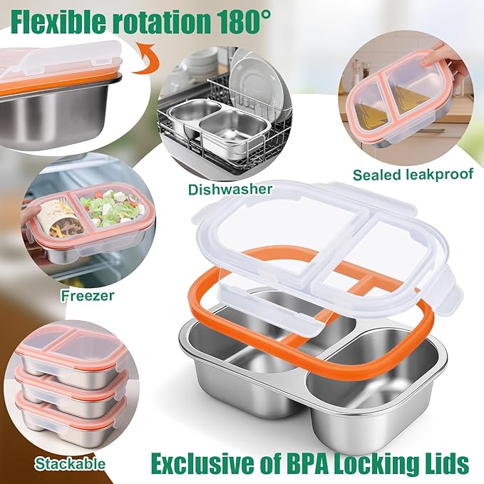 Palksky Lunch Containers Meal Prep Containers Stainless Steel, 2 Compartment Food Storage Containers with Leak-Proof Lids, Reusable Airtight Bento lunch Boxes, Kitchen Storage, Freezer (4 Packs)