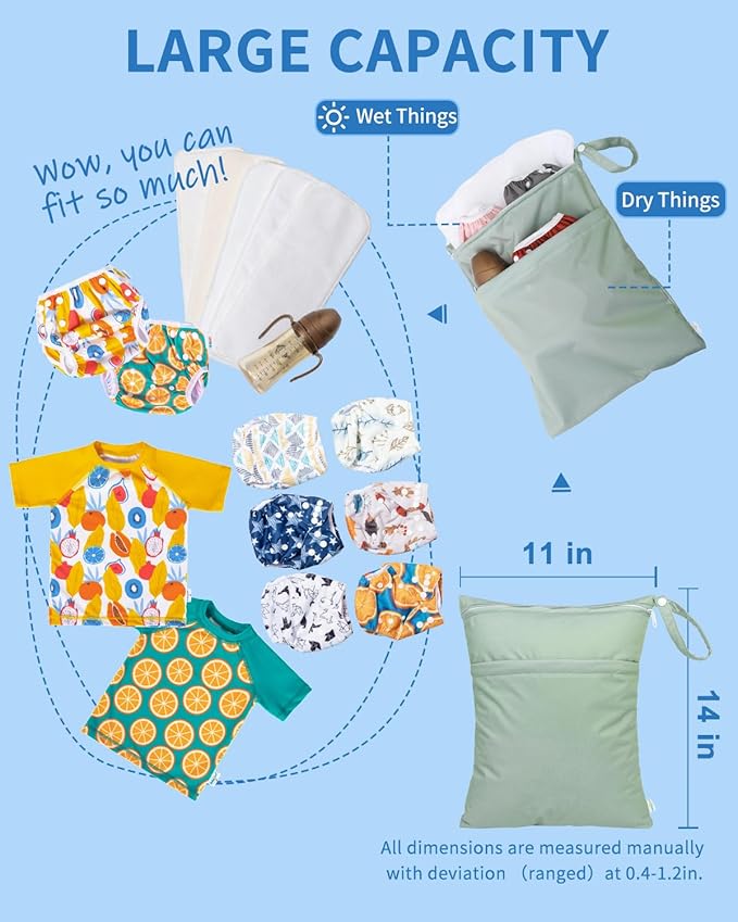 babygoal Wet Dry Bags for Baby Cloth Diapers 3 Pack, Washable Travel Bags, Beach, Pool, Gym Bag for Swimsuits & Wet Clothes with Two Pockets, Snap Handle 3LN32